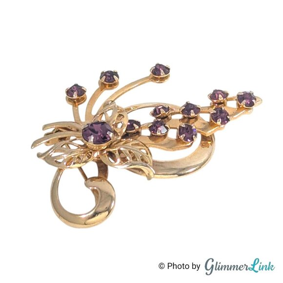 Vintage 1950s Purple Rhinestone Floral Spray Gold Tone Brooch Pendant - Picture 4 of 8